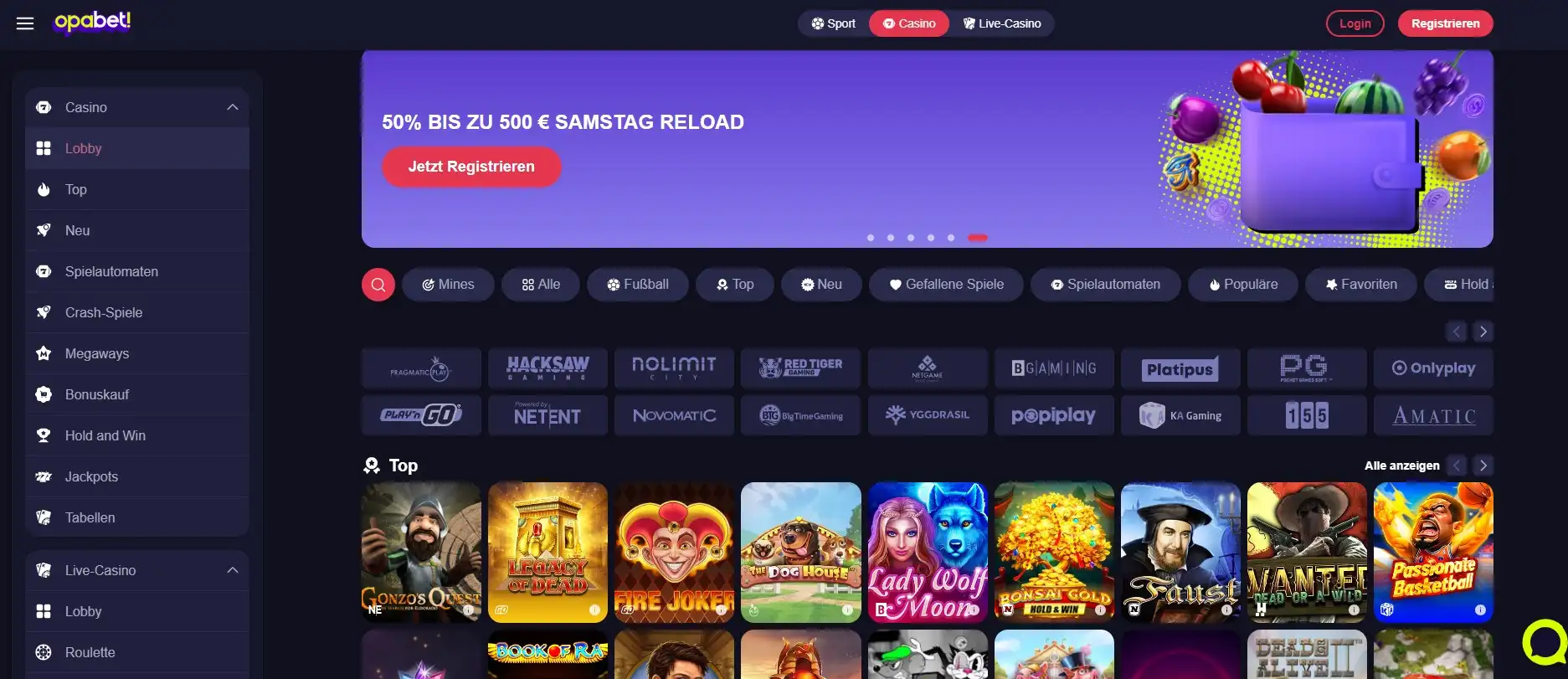 Opabet Casino Spiele-Seite