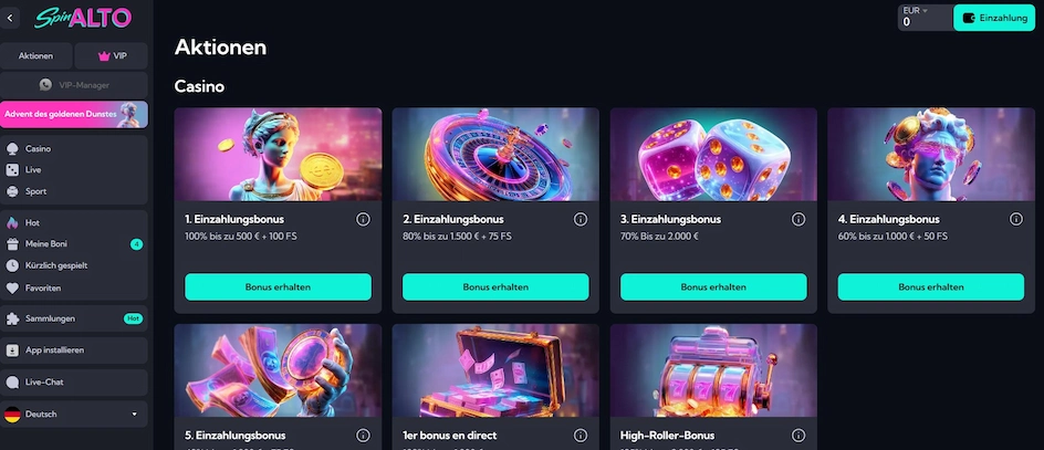 Screenshot der Spinalto-Aktionsseite