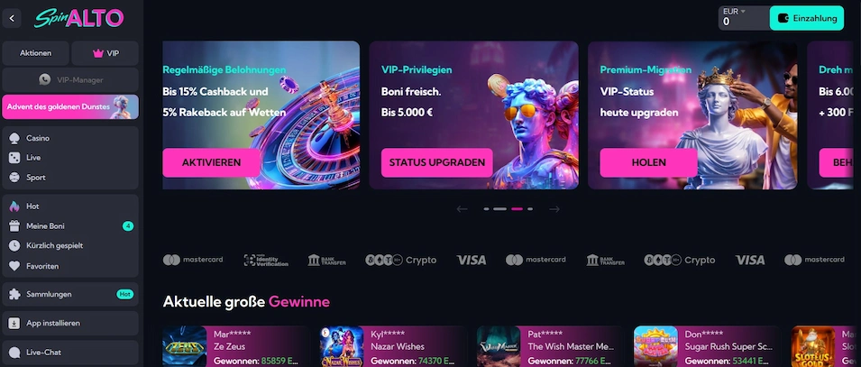 Screenshot der Spinalto-Startseite