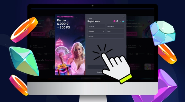Ein Desktop-Monitor zeigt das Registrierungsformular von Spinalto Casino mit einem Willkommensbonus-Banner.