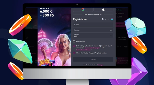 Ein Desktop-Monitor zeigt das Anmeldefenster von Spinalto Casino mit einem Willkommensbonus-Angebot.