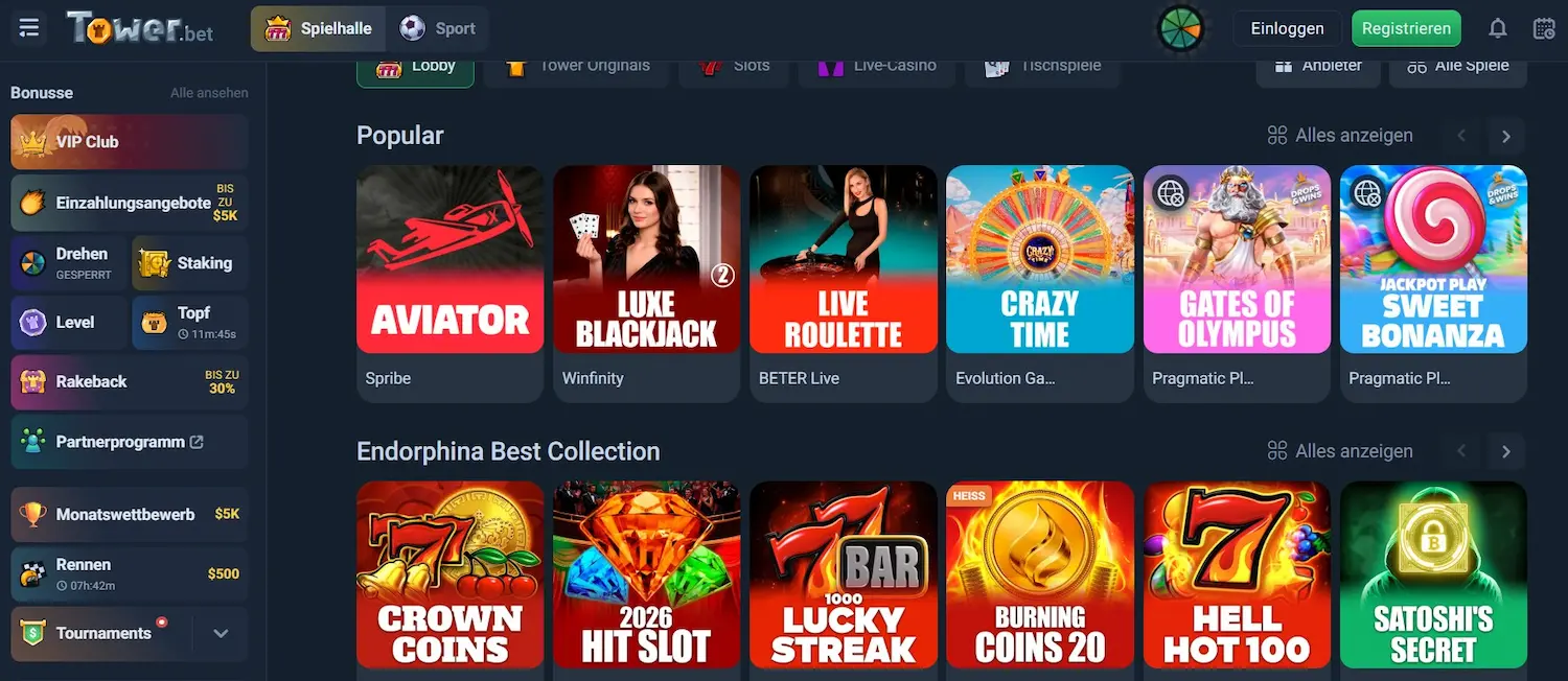 Startseite von TowerBet Casino.