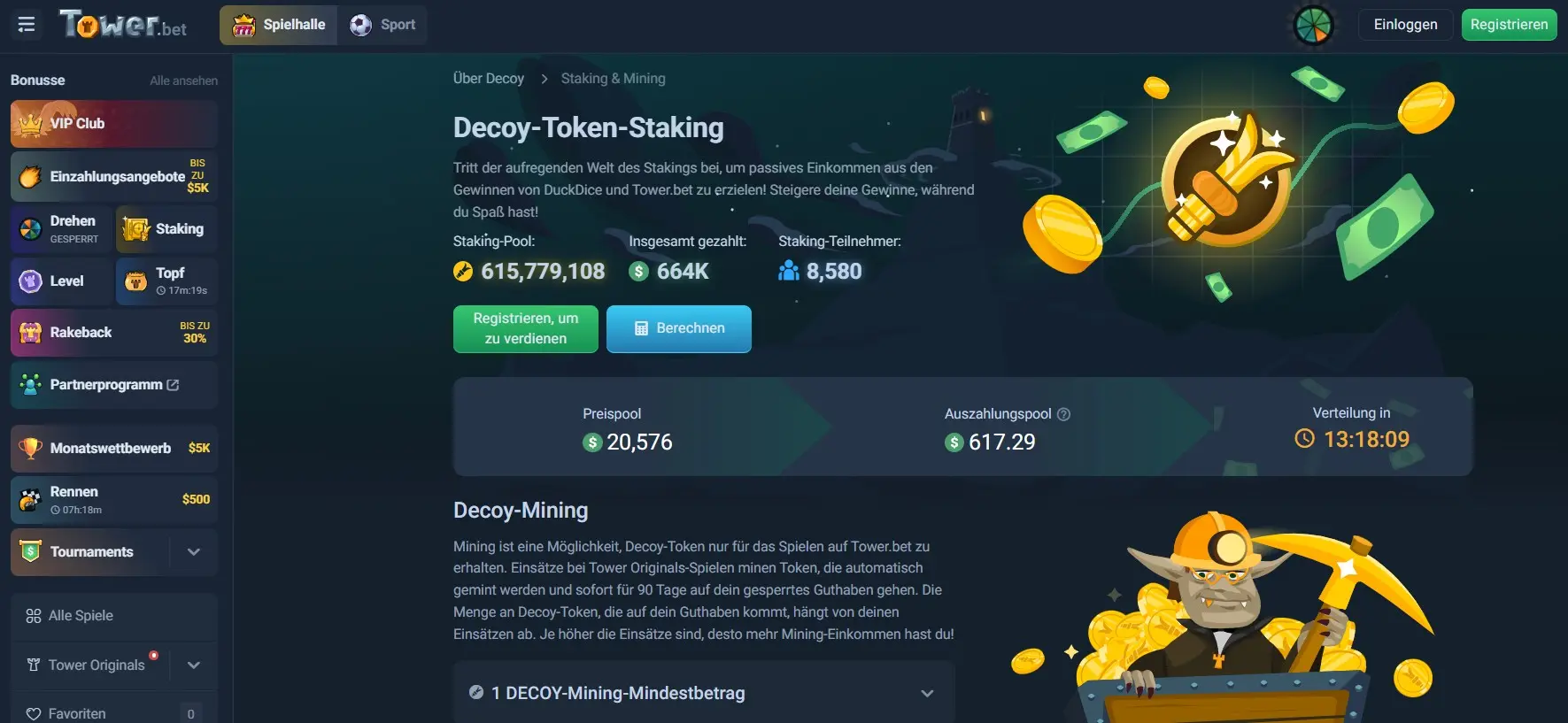 So funktioniert das Decoy-Staking- und Mining-System von TowerBet
