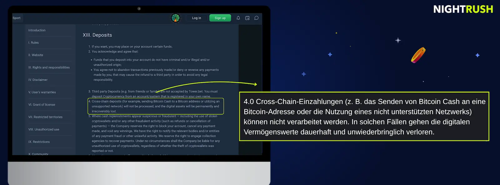 Laptop-Bildschirm mit angezeigten Geschäftsbedingungen, wobei eine Regel zu Ketten-übergreifenden Einzahlungen hervorgehoben ist.