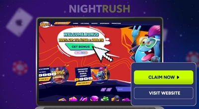 Laptop showing Mr Pacho with 'CLAIM NOW' and 'VISIT WEBSITE' buttons.