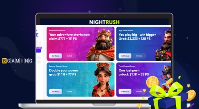 A laptop displaying casino bonus offers with a gift box and the BGaming logo.