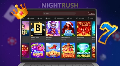 A laptop displaying a casino's game selection with a crown and a lucky number seven.