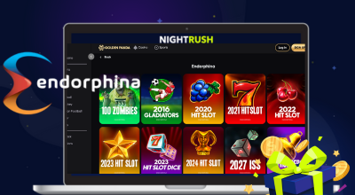 A laptop showing Endorphina slots on a casino site with a gift box.