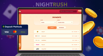 A laptop displaying a casino's deposit and withdrawal payment options.