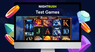 NIGHTRUSH Test Games slot game displayed on a desktop monitor with colorful crystals around it.
