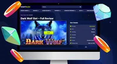 NIGHTRUSH Dark Wolf slot review displayed on a desktop monitor with colorful gems around it.