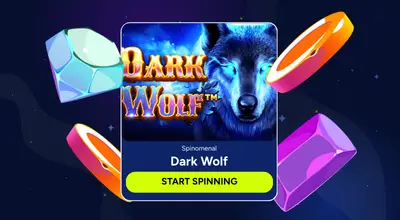 NIGHTRUSH Dark Wolf game card with a start spinning button, surrounded by colorful gems.