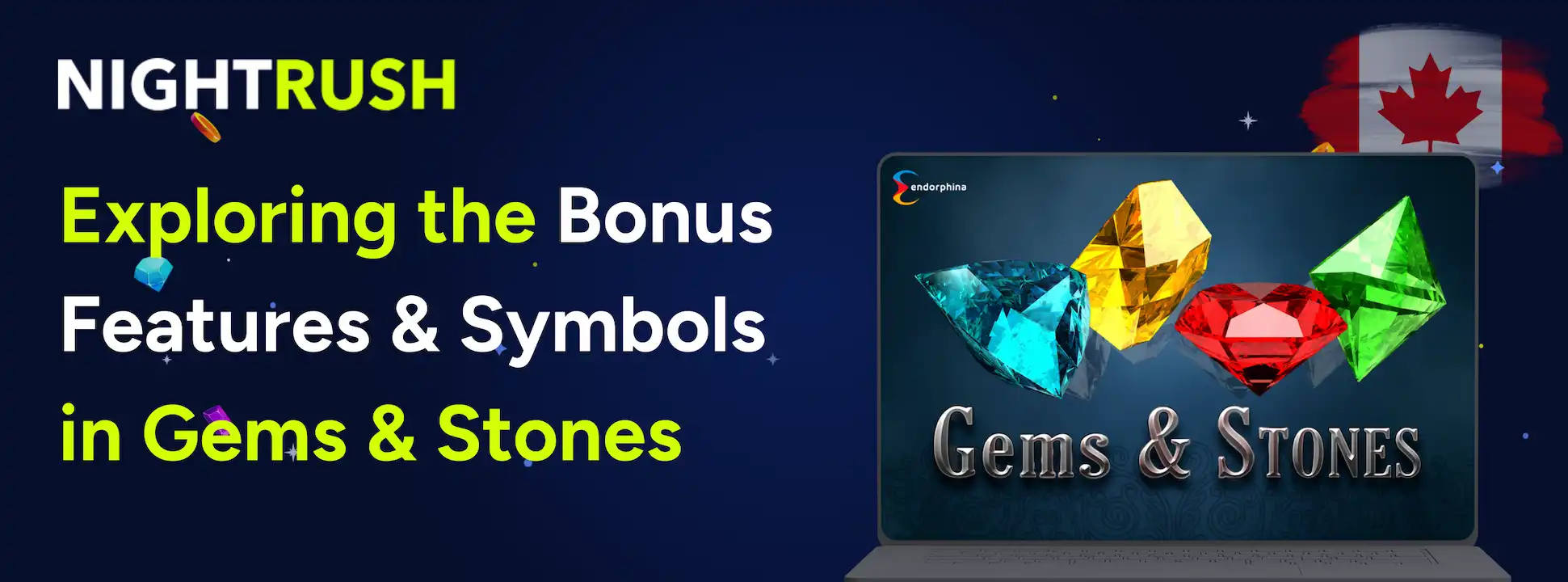 Laptop showing Gems & Stones logo & text on a blue background.