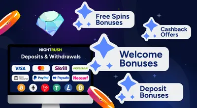 Graphic displaying monitor listing various payment methods, floating labels for bonuses.