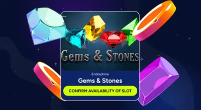Banner shows Gems & Stones Slot logo with a Confirm Availability of Slot button.
