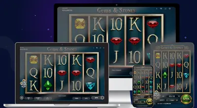 Monitor, laptop, tablet and mobile phone showing Gems & Stones slot gameplay.