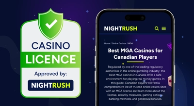 A smartphone with the Nightrush website and a Casino Licence shield icon.