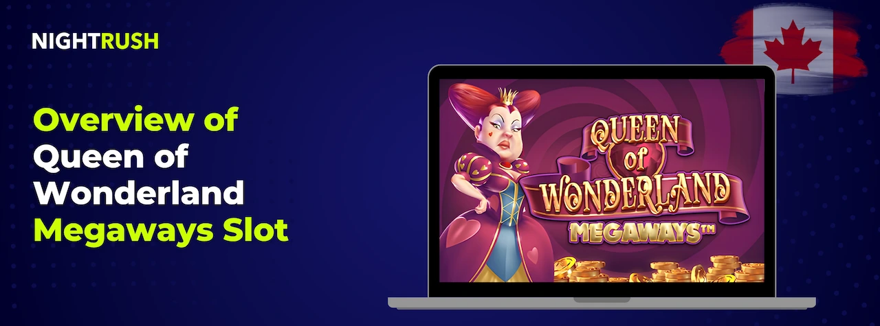 A laptop screen showing the Queen of Wonderland Megaways slot title.