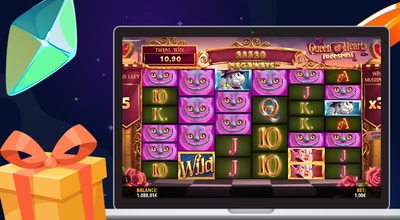 A laptop showing a Wonderland-themed slot game with Cheshire Cat symbols and a gift box icon.