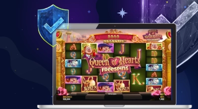 A laptop screen showcasing a Queen of Hearts free spins slot game with a security shield icon.