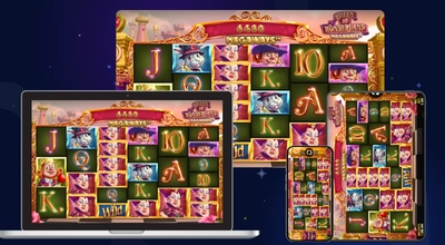 A laptop, tablet, and smartphone displaying the Queen of Wonderland Megaways slot game.