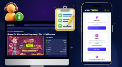 A desktop and mobile view of the NightRush Queen of Wonderland slot review and support options.