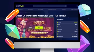 A desktop monitor displaying a full review of Queen of Wonderland Megaways slot on NightRush.