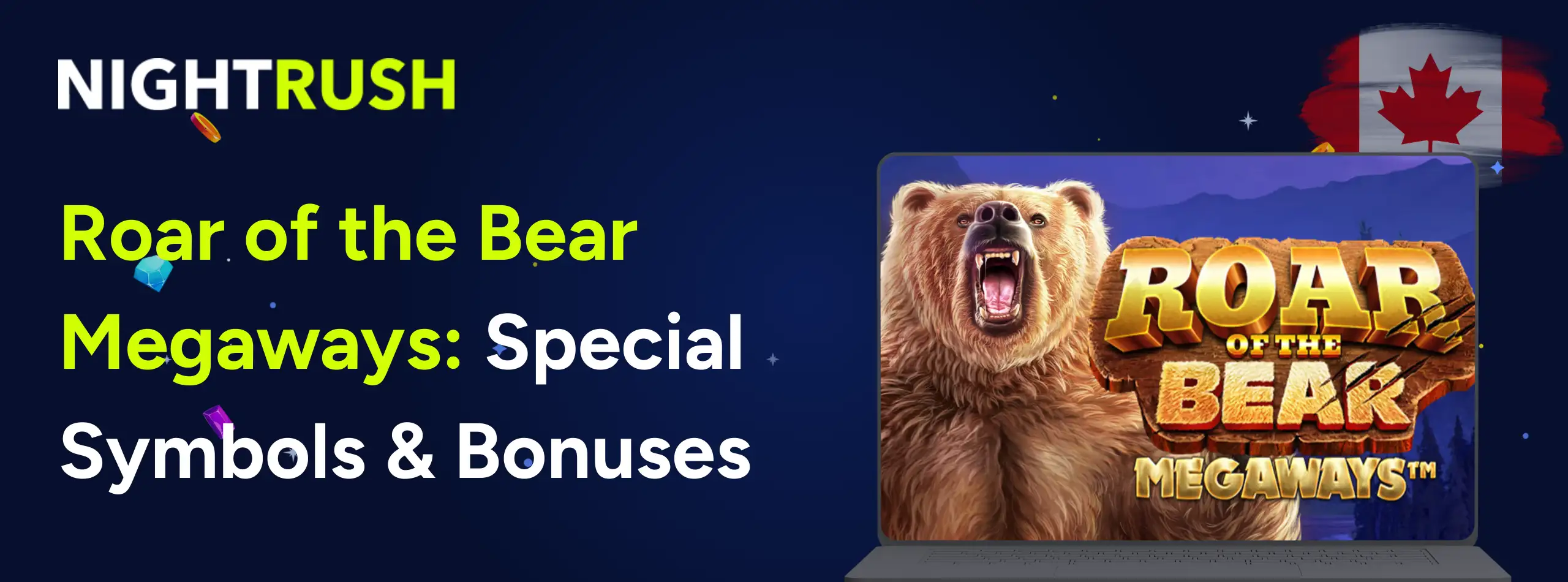 Laptop showing Roar Of The Bear Megaways logo & text on a blue background.