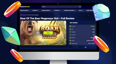 Laptop shows Nightrush website Roar Of The Bear Megaways Slot Review page.