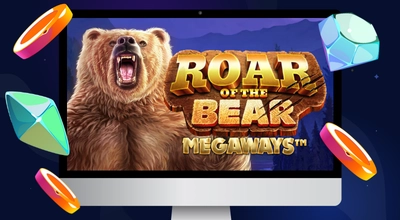 Laptop shows Roar Of The Bear Megaways Slot logo.