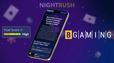 A smartphone with the Nightrush website and BGaming logo, showing a Trust Score.