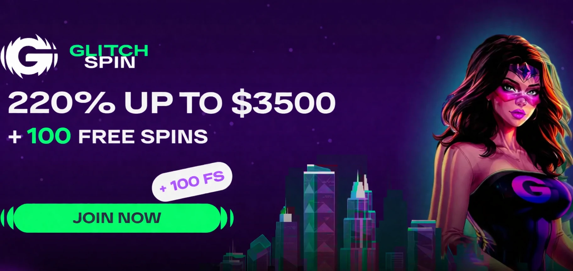 On Glitchspin Casino's home page, a banner shows welcome package details, a superhero woman illustration, and menu options.