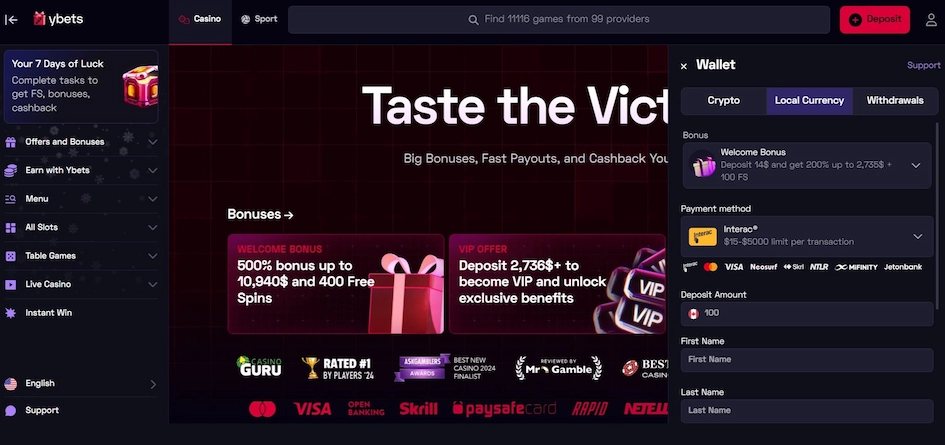 Image showcasing Ybets Casino payment methods.