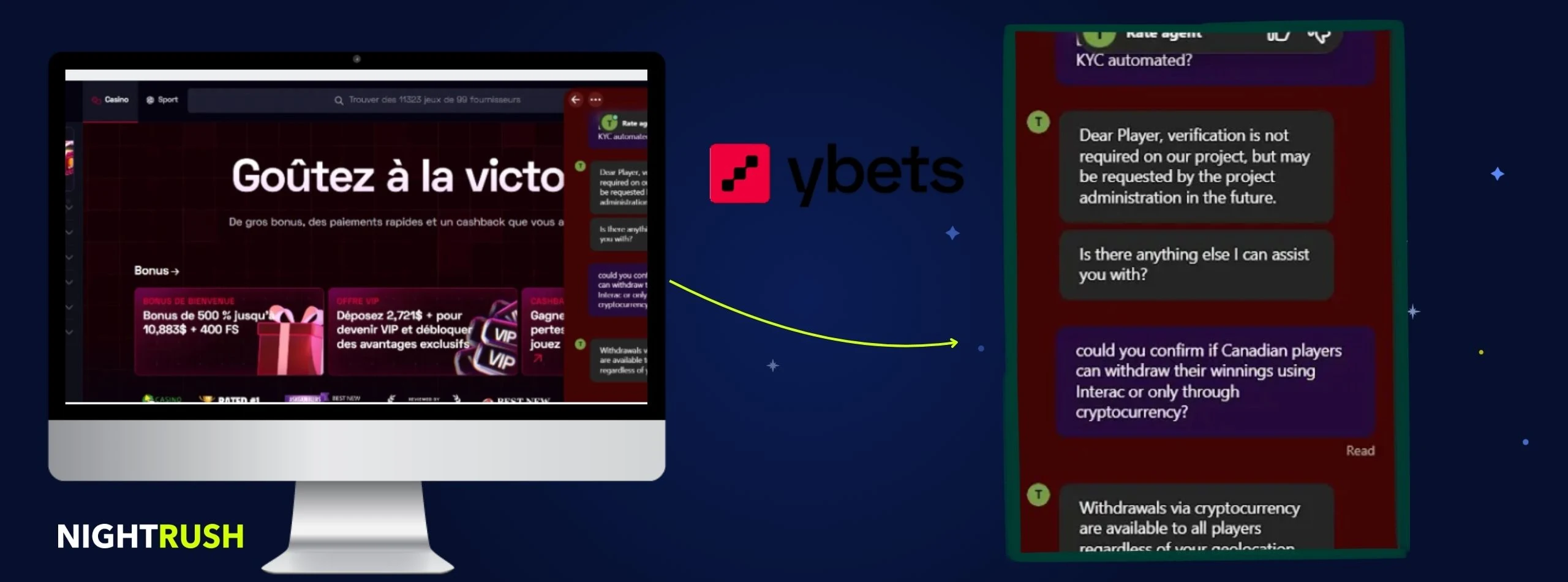 Ybets casino homepage with AI live chat confirming cryptocurrency withdrawals are available to all players.