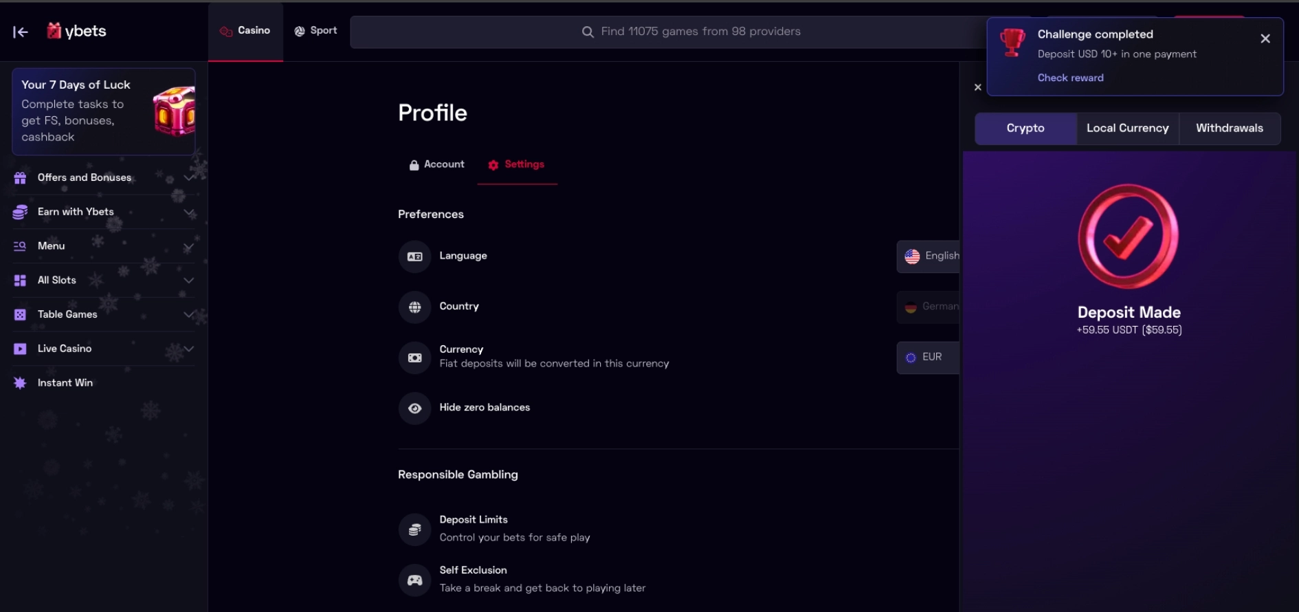 Image displaying Ybets casino deposit experince.