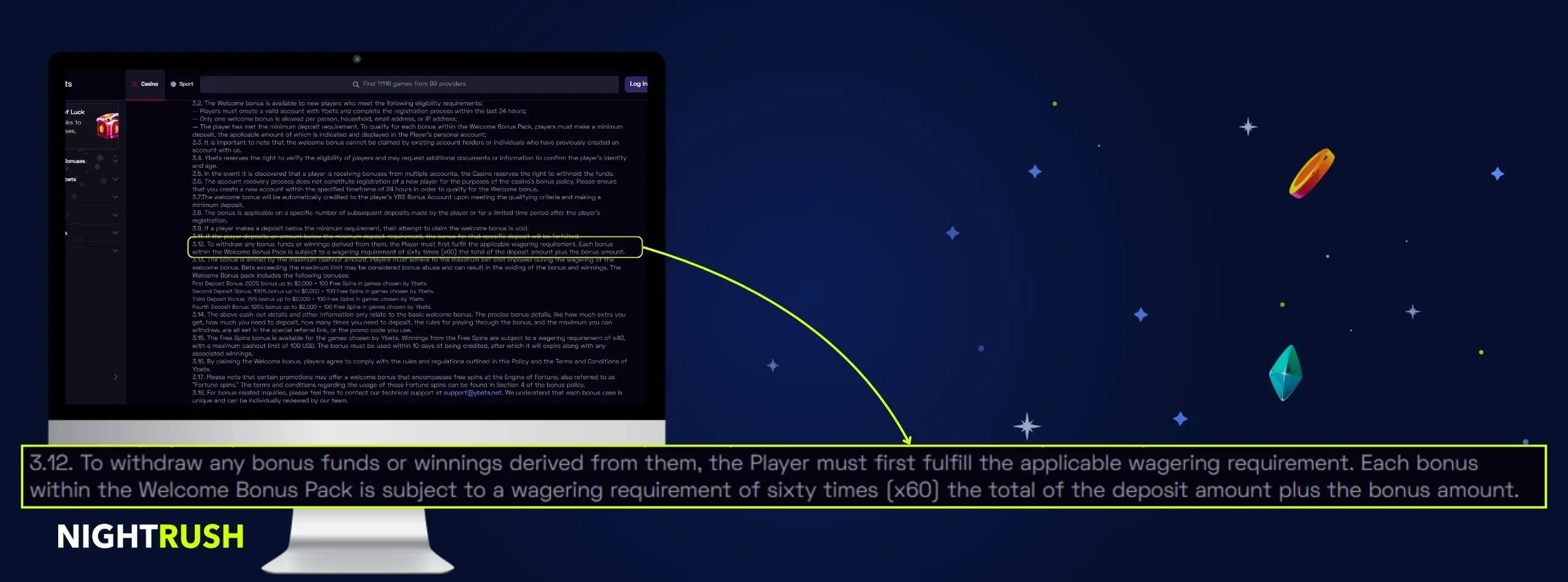 Image displaying Ybets Casino welcome bonus pack terms.