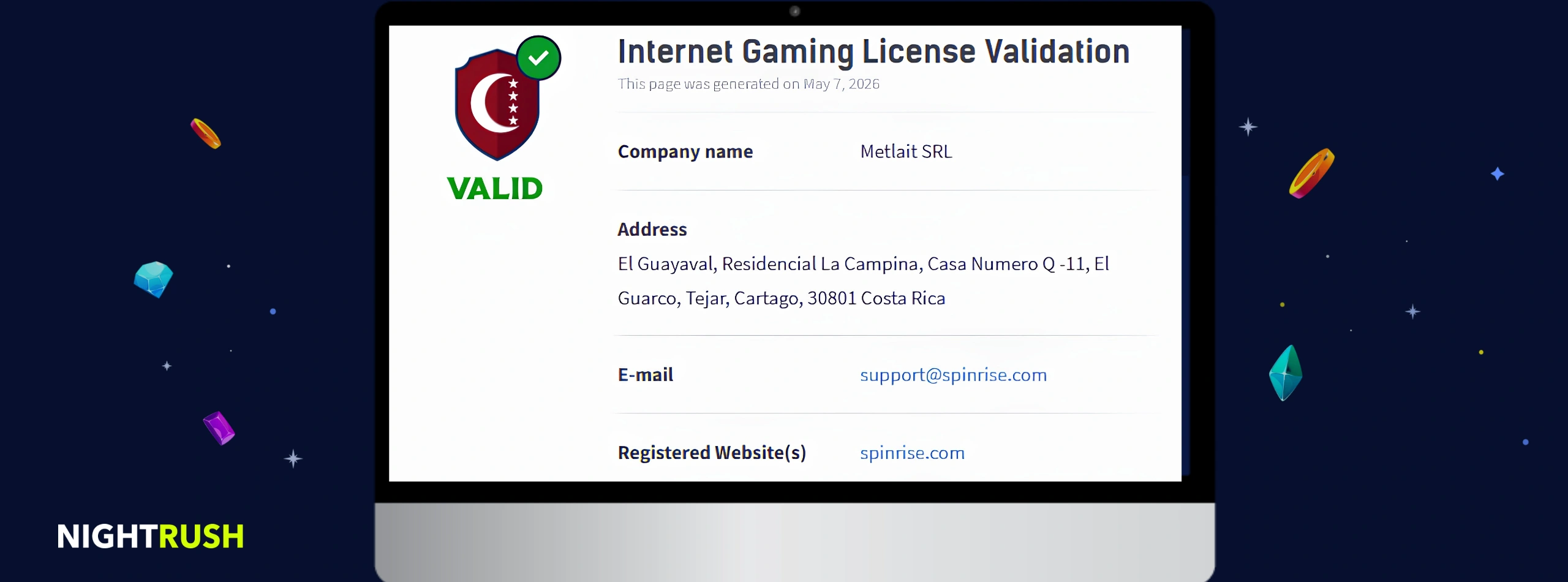 Laptop shows Anjouan licence validation for Spinrise.