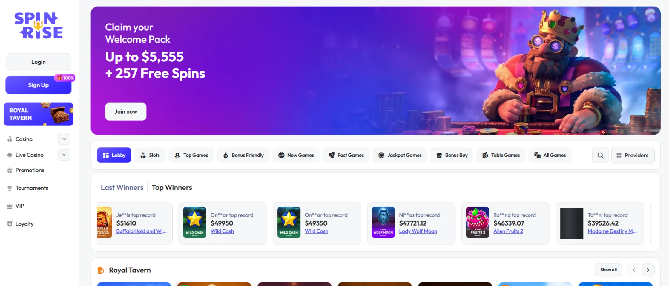 Screenshot showcasing Spinrise casino homepage.