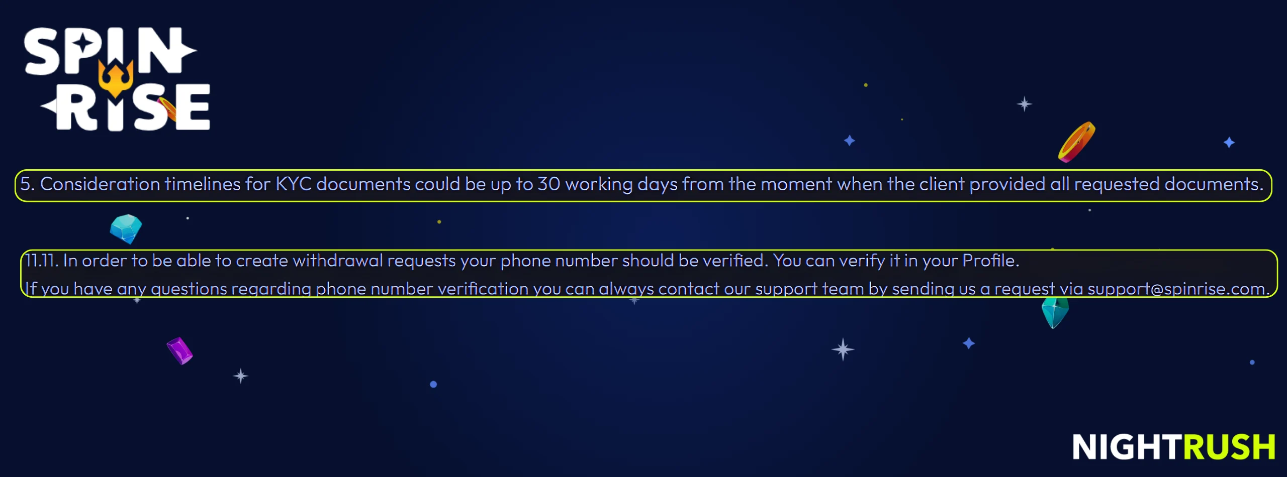 Spinrise banner detailing KYC timelines and phone verification requirements on a space background.