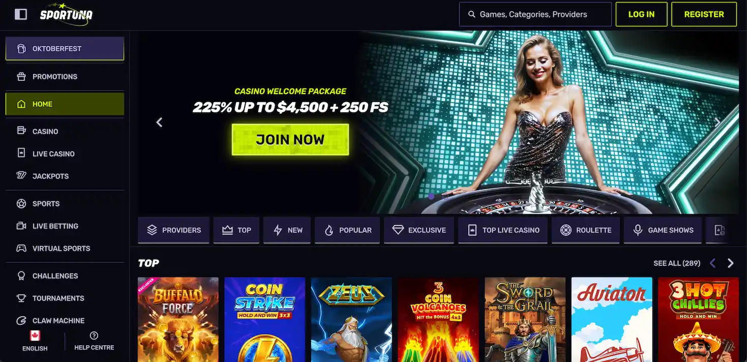 Sportuna Casino homepage.