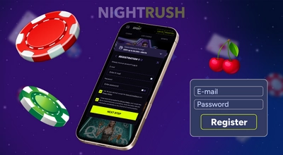 A phone displays a casino registration page with email and password fields.