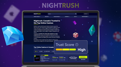 List of casinos with a high trust score and a blue gem on a laptop, all against a starry setting.