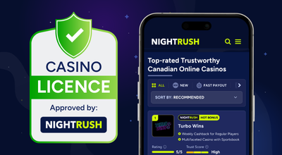 Trusted casinos list from Nighrush on a phone, and a licence certificate, against a blue setting.