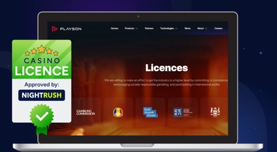 A laptop shows licences of Playson and a certificate of licence approved by Nightrush on a starry background.
