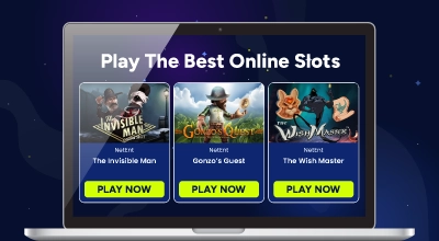 A laptop displays a website with the title Play The Best Online Slots, featuring game previews, all set against a dark blue, starry background.