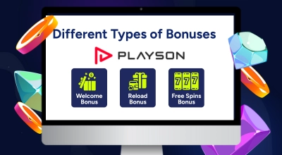 A screen shows different types of bonus text and images, casino items and the Playson logo on a starry background.