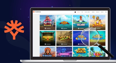 Yggdrasil games on a laptop, and a Yggdrasil logo and magnifiying glass, against a blue setting.