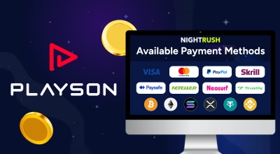A screen shows Available Payment Methods text and images; there is a Playson logo with two golden chips next to it on a starry background.