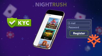 Games, a registration and KYC symbol and Yggdrasil logo on a phone, against a starry setting.