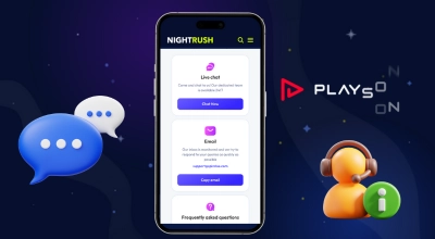 A phone Nightrush contact support; there is a Playson logo and customer service symbols next to it on a starry background.